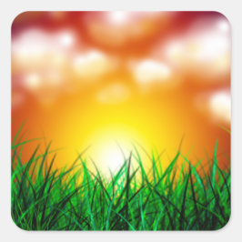 Pegatina Cuadrada Hermoso amanecer sobre un campo de hierba
