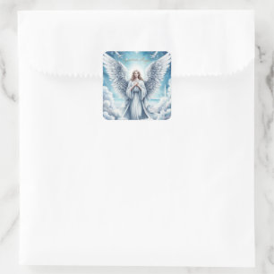 Pegatina Cuadrada Hermoso Ángel de la Guarda Blanco
