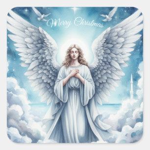 Pegatina Cuadrada Hermoso Ángel de la Guarda Blanco