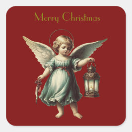 Pegatina Cuadrada Hermoso Ángel de Navidad Vintage y Linterna