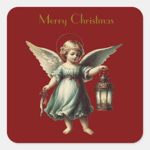 Pegatina Cuadrada Hermoso Ángel de Navidad Vintage y Linterna