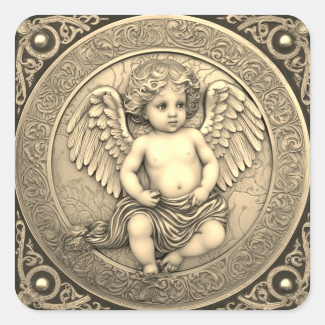 Pegatina Cuadrada Hermoso Angel de Oro Cherub (Anverso)