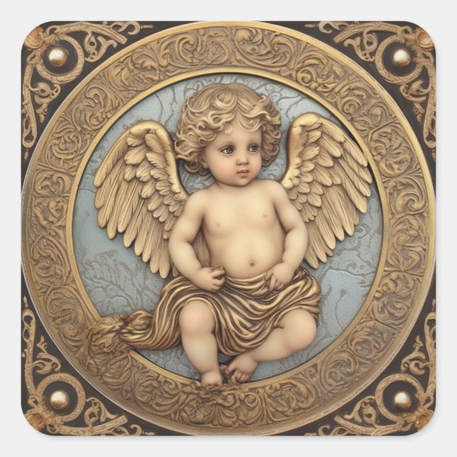 Pegatina Cuadrada Hermoso Angel de Oro Cherub (Anverso)