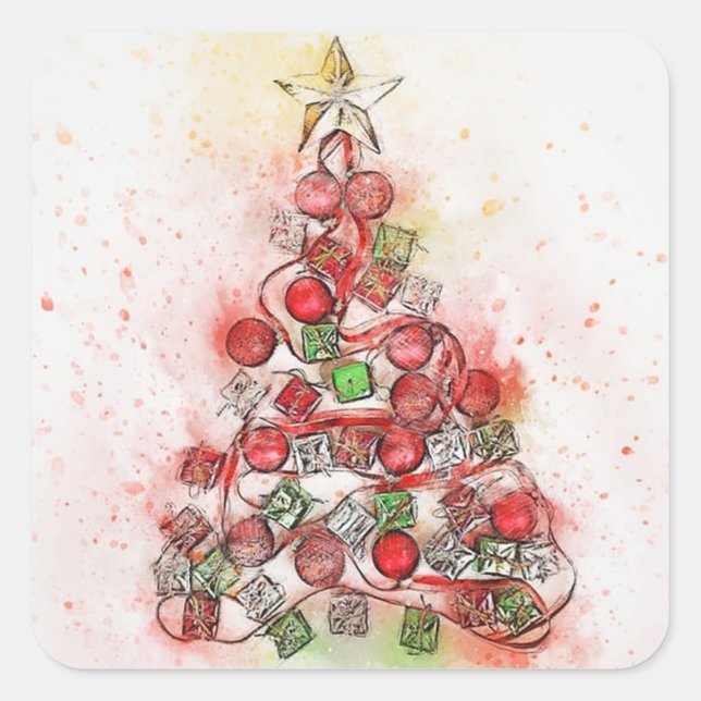 Pegatina Cuadrada Hermoso árbol de Navidad decorado (Anverso)