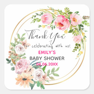 Pegatina Cuadrada Hermoso Aro Floral Rosa Gracias Cumpleaños de Bebé