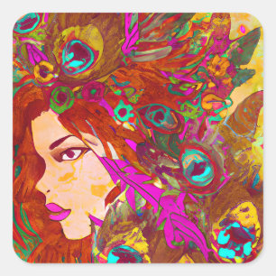 Pegatina Cuadrada Hermoso arte abstracto   Mujeres con plumas
