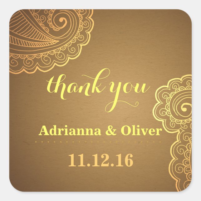 Pegatina Cuadrada Hermoso Boda floral Gold Paisley Gracias (Anverso)