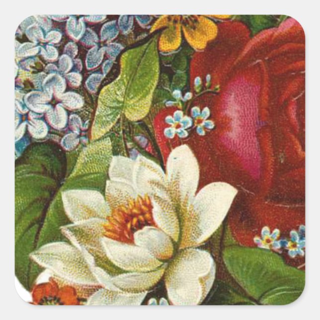 Pegatina Cuadrada Hermoso Bouquet Romántico de Verano con Rosa Roja (Anverso)