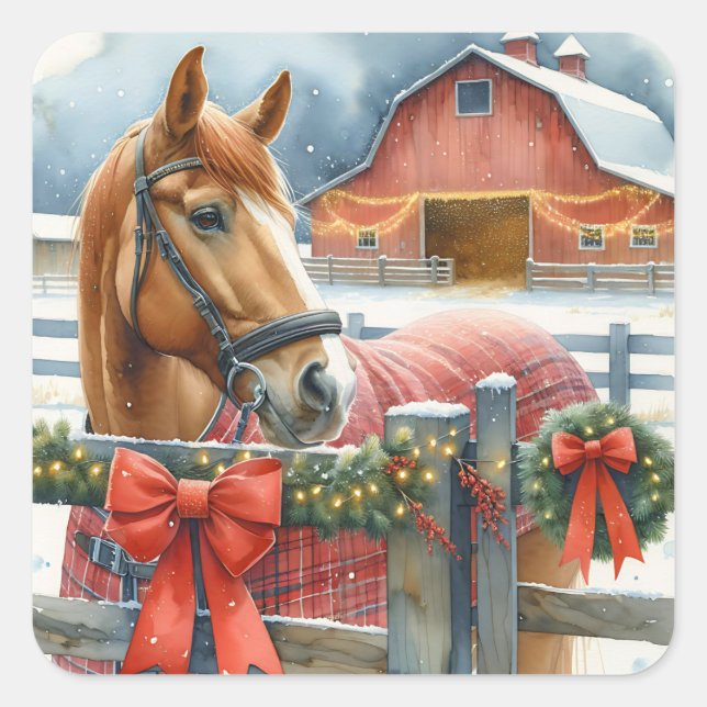 Pegatina Cuadrada Hermoso caballo marrón en un Navidad festivo (Anverso)