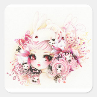Pegatina Cuadrada Hermoso chica con lindos conejitos