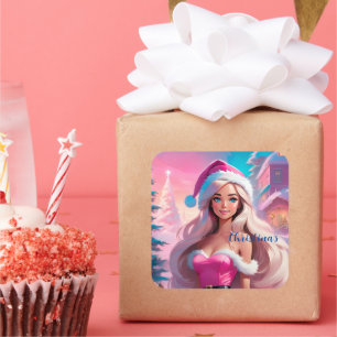 Pegatina Cuadrada Hermoso Chica de Navidades rosados 01