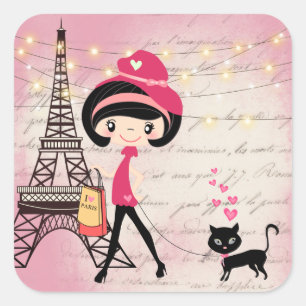 Pegatina Cuadrada Hermoso Chica y gato en la Torre Eiffel de París