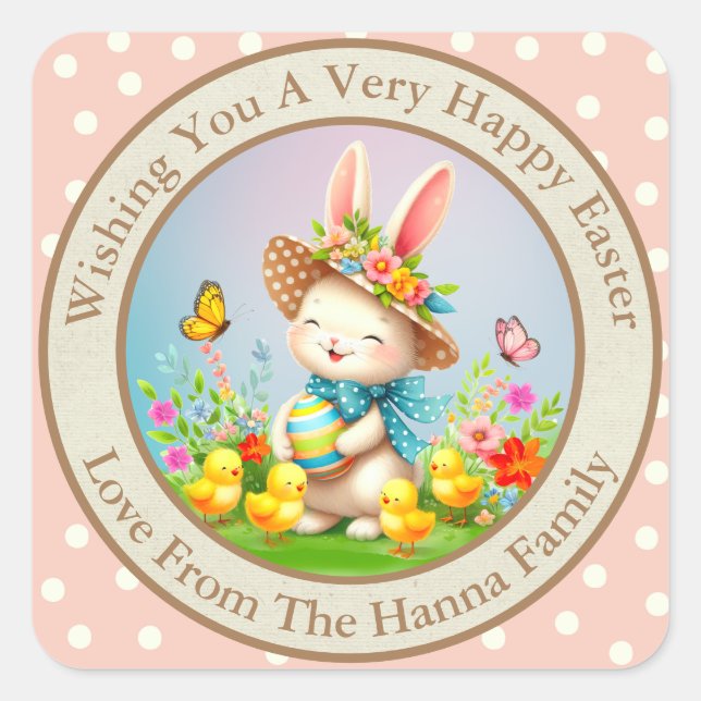 Pegatina Cuadrada Hermoso conejo de Pascua y Feliz Fiesta de Flores  (Anverso)