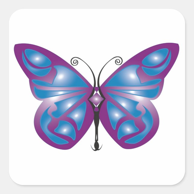 Pegatina Cuadrada Hermoso diseño de mariposa azul y púrpura (Anverso)