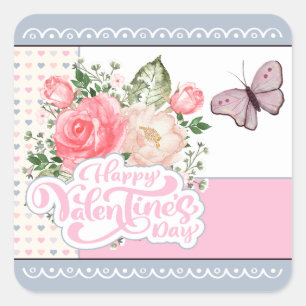 Pegatina Cuadrada Hermoso El día de San Valentín Floral y Mariposa