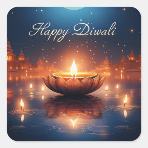 Pegatina Cuadrada Hermoso Festival Diya de Luz Feliz Diwali