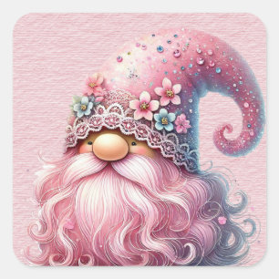 Pegatina Cuadrada Hermoso Gnome Rosa Sparkly
