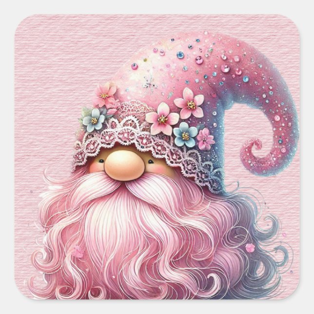 Pegatina Cuadrada Hermoso Gnome Rosa Sparkly (Anverso)