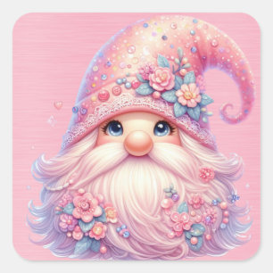 Pegatina Cuadrada Hermoso Gnome Rosa Sparkly