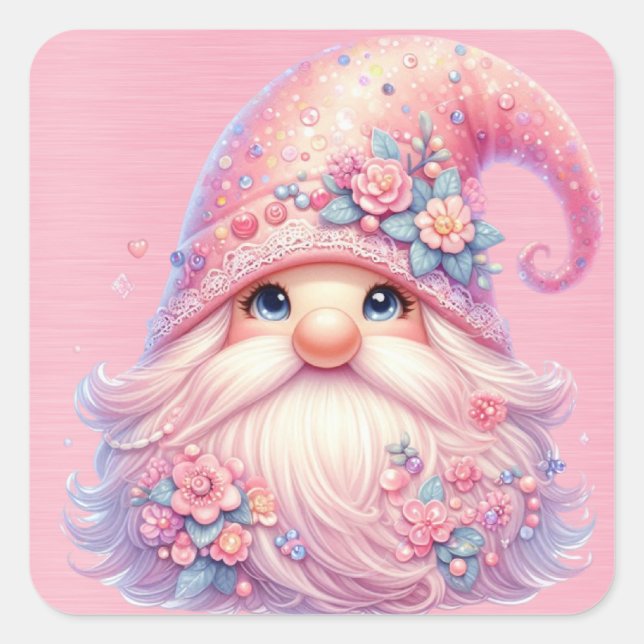 Pegatina Cuadrada Hermoso Gnome Rosa Sparkly (Anverso)