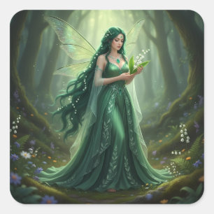 Pegatina Cuadrada Hermoso Hada de Esmeralda Mayo
