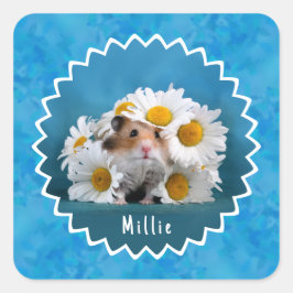Pegatina Cuadrada Hermoso hámster en White Daisy Bouquet