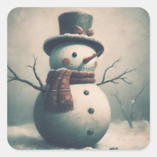 Pegatina Cuadrada Hermoso hombre de nieve para Navidades nevados Pla