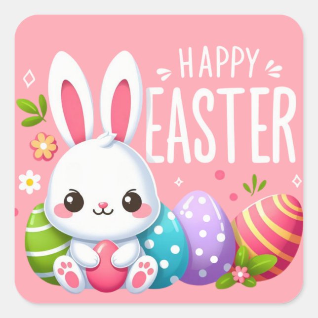 Pegatina Cuadrada Hermoso lindo, rosa y feliz Pascua (Anverso)