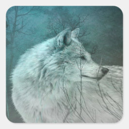 Pegatina Cuadrada Hermoso lobo gris en un bosque oscuro