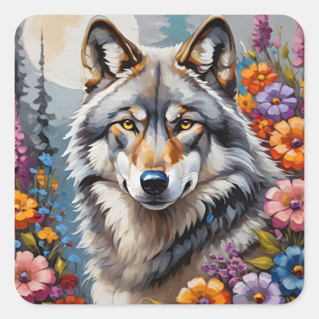 Pegatina Cuadrada Hermoso lobo gris y flores (Anverso)