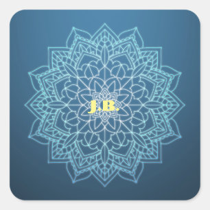 Pegatina Cuadrada Hermoso Mandala azul con monograma