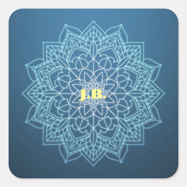 Pegatina Cuadrada Hermoso Mandala azul con monograma (Anverso)
