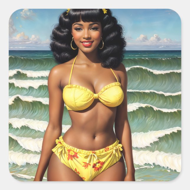 Pegatina Cuadrada Hermoso modelo Pinup Melanin, Chica negro (Anverso)