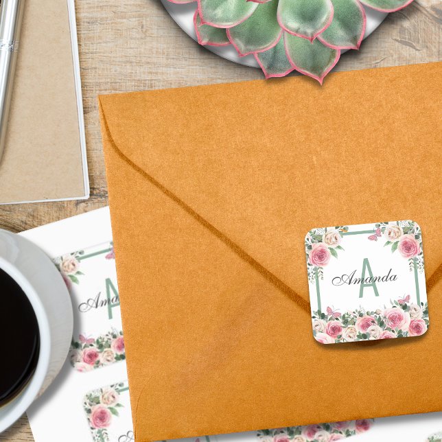 Pegatina Cuadrada Hermoso monograma de diseño floral (Subido por el creador)