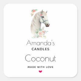 Pegatina Cuadrada Hermoso negocio de velas florales de caballos blan