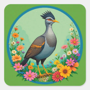 Pegatina Cuadrada Hermoso pájaro exótico descansando entre flores co