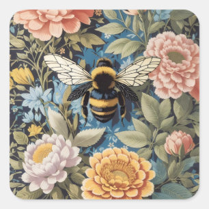 Pegatina Cuadrada Hermoso Pastel Floral y Bumblebee