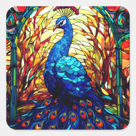 Pegatina Cuadrada Hermoso Peacock Vidrio Manchado