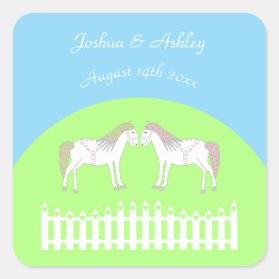 Pegatina Cuadrada Hermoso Personalizado de caballos Boda blanco