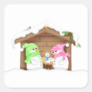 Pegatina Cuadrada Hermoso Pesebre de Muñeco de Nieve de Navidad