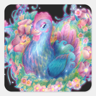 Pegatina Cuadrada Hermoso pollo y flores