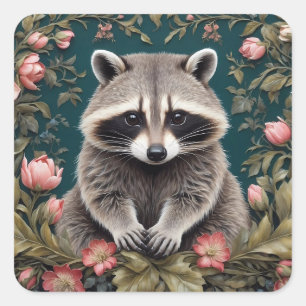 Pegatina Cuadrada Hermoso Racoon Pink Floral