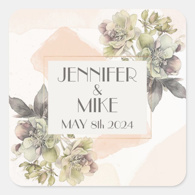 Pegatina Cuadrada Hermoso ramo de flores acuarelas (Anverso)