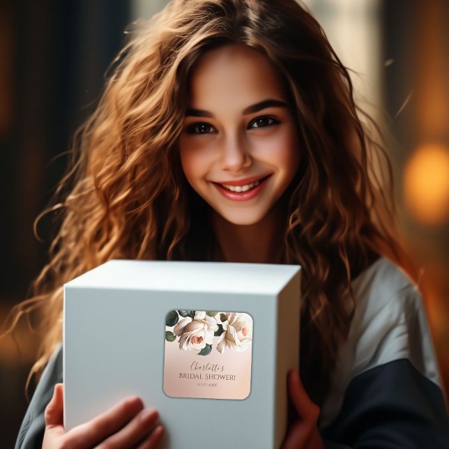 Pegatina Cuadrada Hermoso Regalo de Boda Rosa Aceite Beige (Blush Beige Oil Rose Bridal Shower Square Sticker)