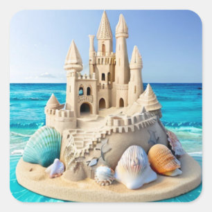 Pegatina Cuadrada Hermoso Sandcastle en una playa azul Bonito