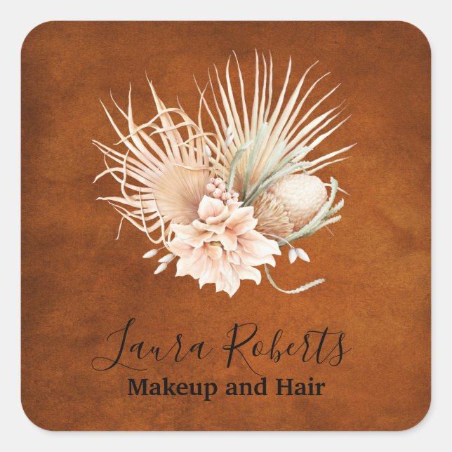 Pegatina Cuadrada Hermoso Terracota Boho Floral Pampas Negocios (Anverso)