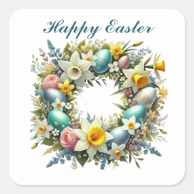 Pegatina Cuadrada Hermoso wreath de Feliz Pascua (Anverso)