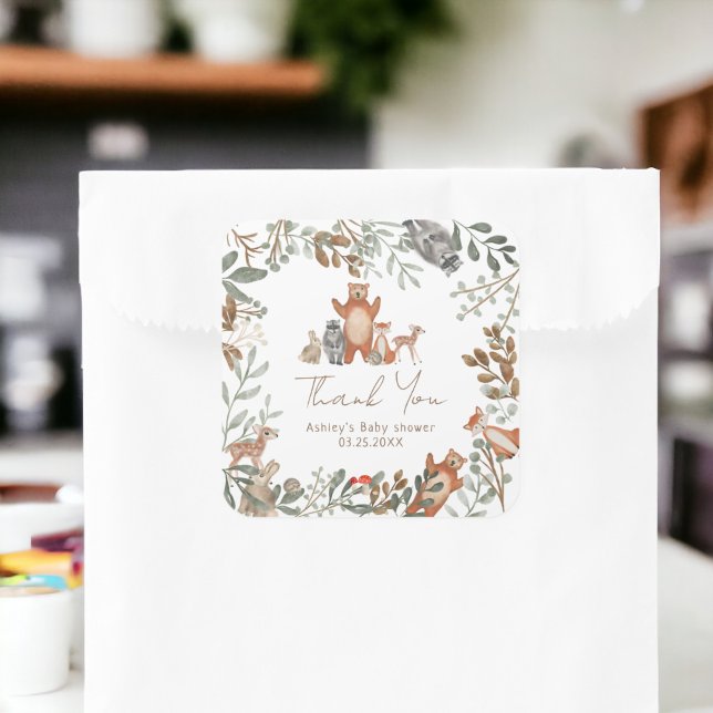 Pegatina Cuadrada Hermosos animales de bosque de hierba de madera de (Cute greenery forest animals woodland baby shower square sticker)