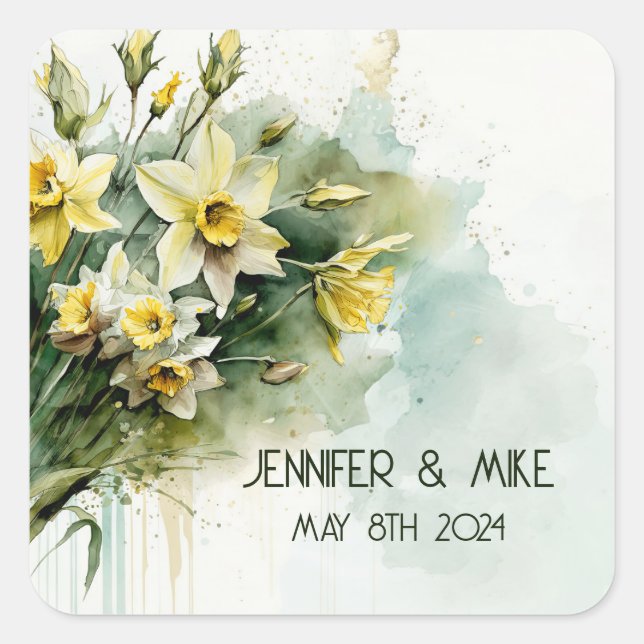 Pegatina Cuadrada Hermosos daffodis de agua amarilla (Anverso)