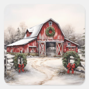 Pegatina Cuadrada Hermosos Navidades del Barn Rojo Rústico de Invier